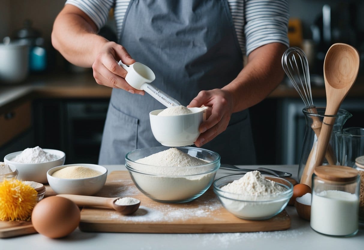 En bager måler omhyggeligt mel med et decilitermål omgivet af forskellige bageingredienser og redskaber